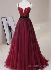 Burgundy Tulle Spaghetti Straps Beaded Prom Dress